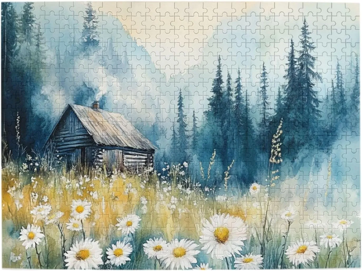 Watercolor Alpine Retreat Puzzles For Adults 500 Pieces,Cozy Timber House With Flower-Filled Meadow Against Misty Mountains,Stunning Artwork,Creative Activity Hobbies For Adult