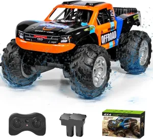 Waterproof RC Monster Truck Amphibious Remote Control Trucks 13In Big Off Road RC Cars for Kids 4WD 360° Rotation Two Rechargeable Batteries Gifts for Boys Girls Age 4-12 Pool Toys (Orange)