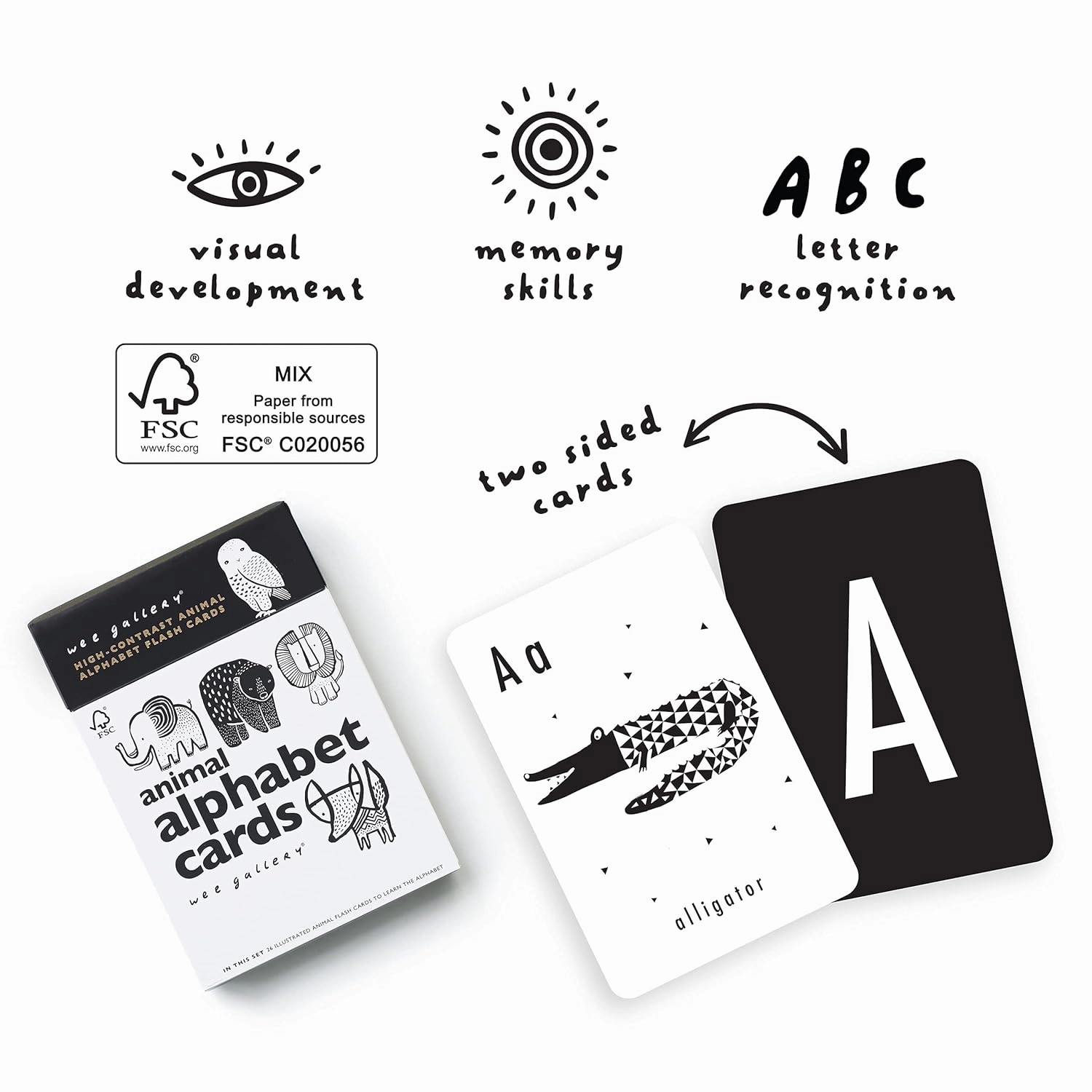 Wee Gallery Educational Flashcards for Babies, Double Sided Black and White Learning Flash cards, Animal Alphabet Cards for Visual Stimulation and Cognitive Development of Infants and Toddlers
