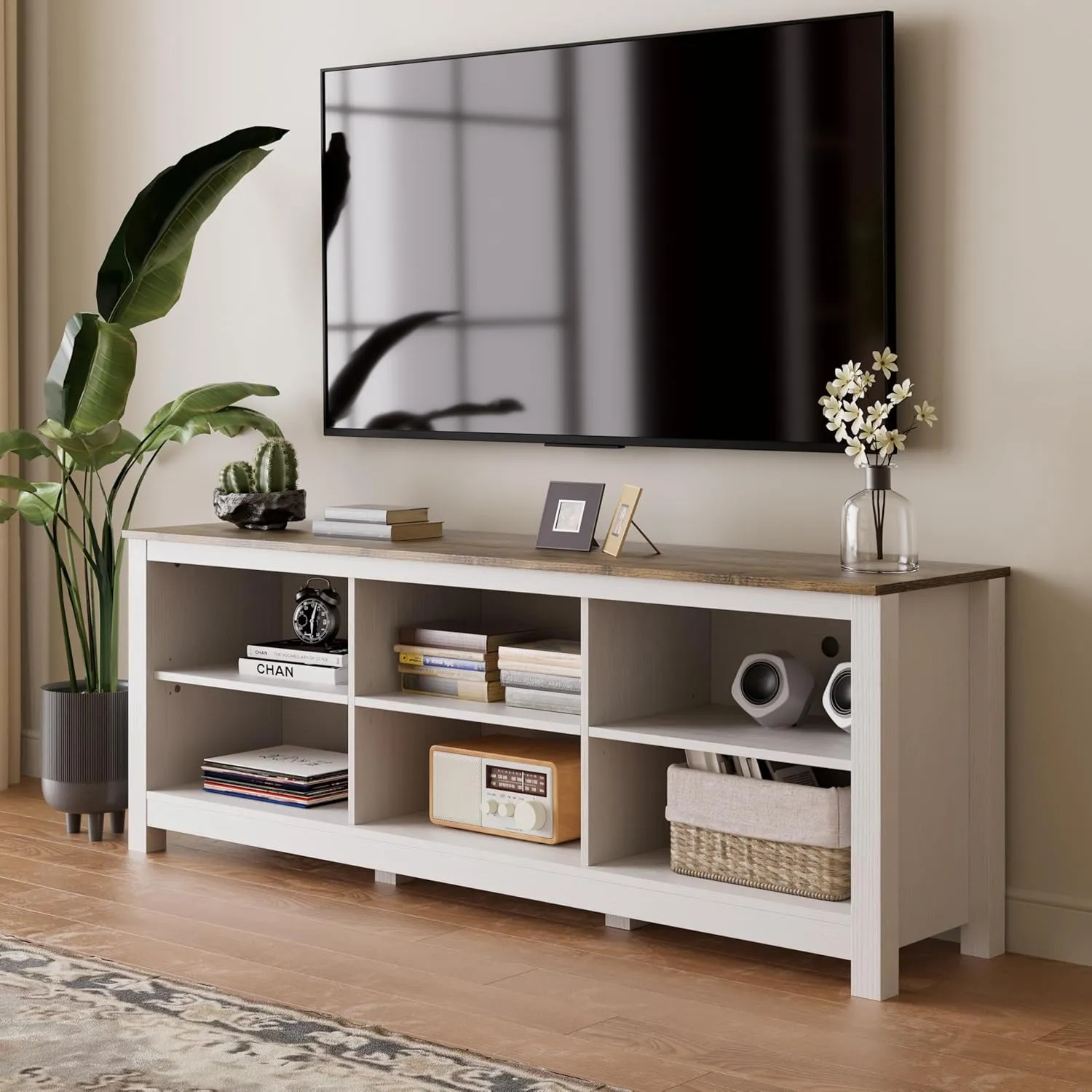 White TV Stand for TVs up to 75 Inch,Entertainment Center for 65  inch TV Console Table with 6 Storage Cubby, Classic Television Stands for Living Room Bedroom, 70 Inch