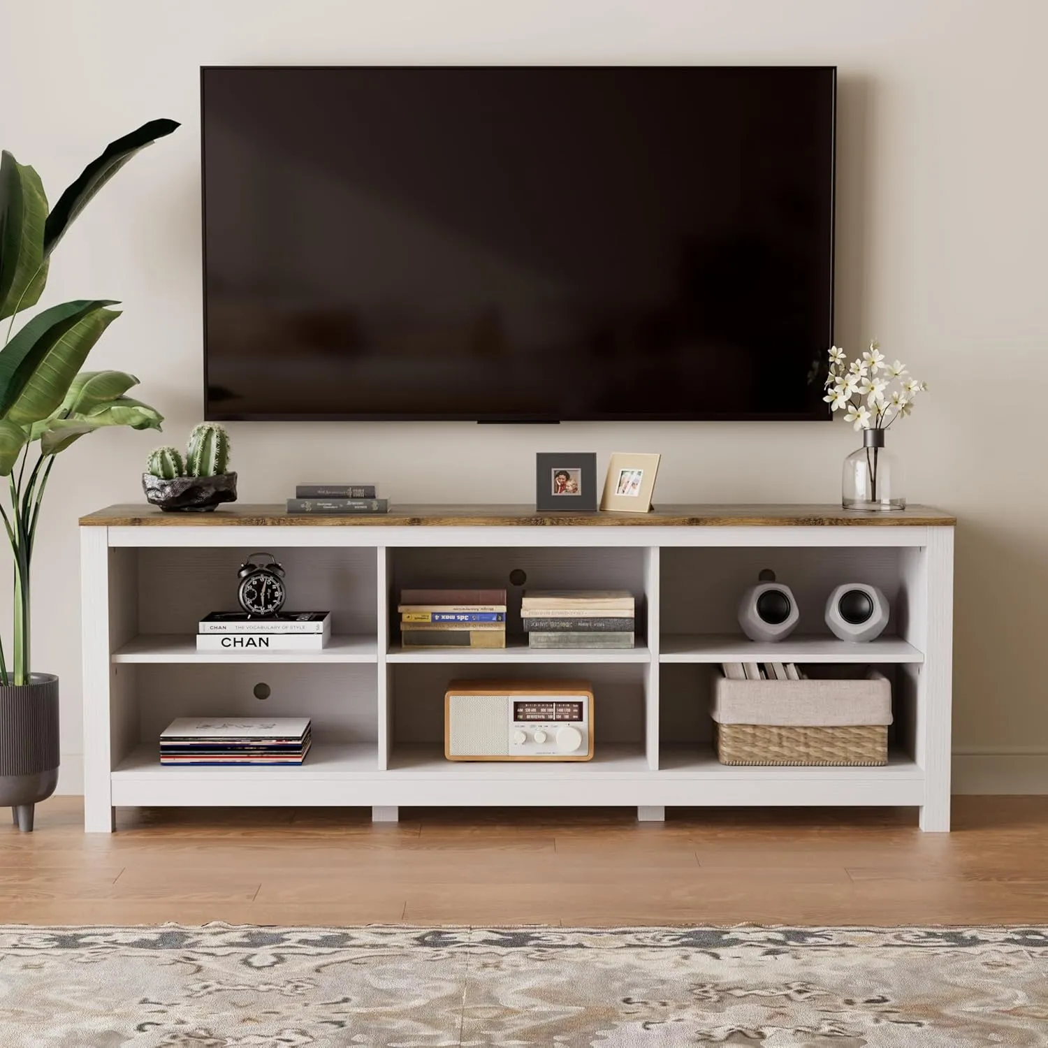 White TV Stand for TVs up to 75 Inch,Entertainment Center for 65  inch TV Console Table with 6 Storage Cubby, Classic Television Stands for Living Room Bedroom, 70 Inch