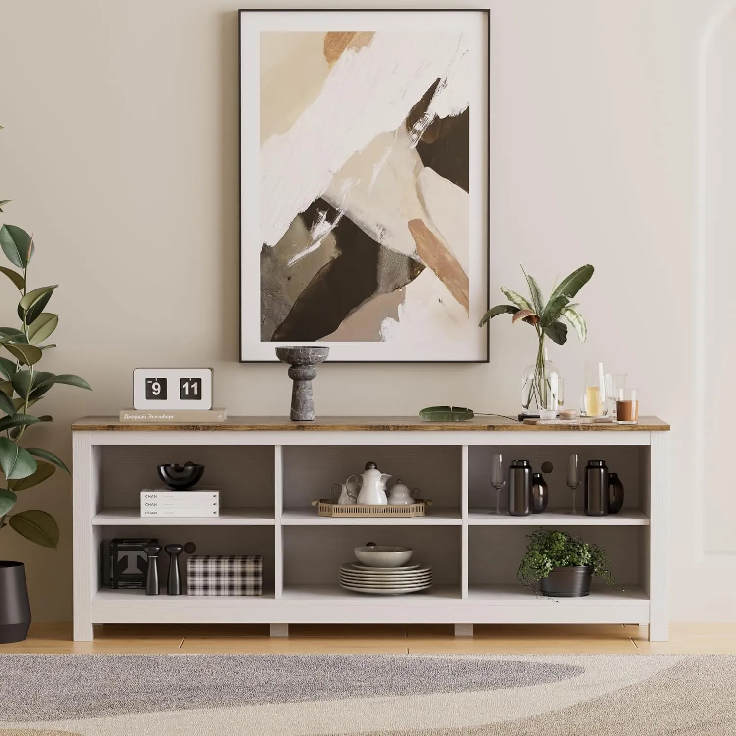 White TV Stand for TVs up to 75 Inch,Entertainment Center for 65  inch TV Console Table with 6 Storage Cubby, Classic Television Stands for Living Room Bedroom, 70 Inch