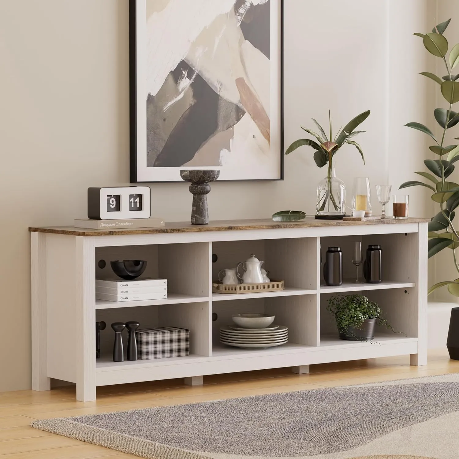 White TV Stand for TVs up to 75 Inch,Entertainment Center for 65  inch TV Console Table with 6 Storage Cubby, Classic Television Stands for Living Room Bedroom, 70 Inch