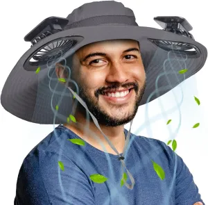 Wide Brim Outdoor Solar Fan Hat, UPF 50  Fishing Hat for Man with 2 Solar Fan, 3 Modes 180°Rotating Fan Hats