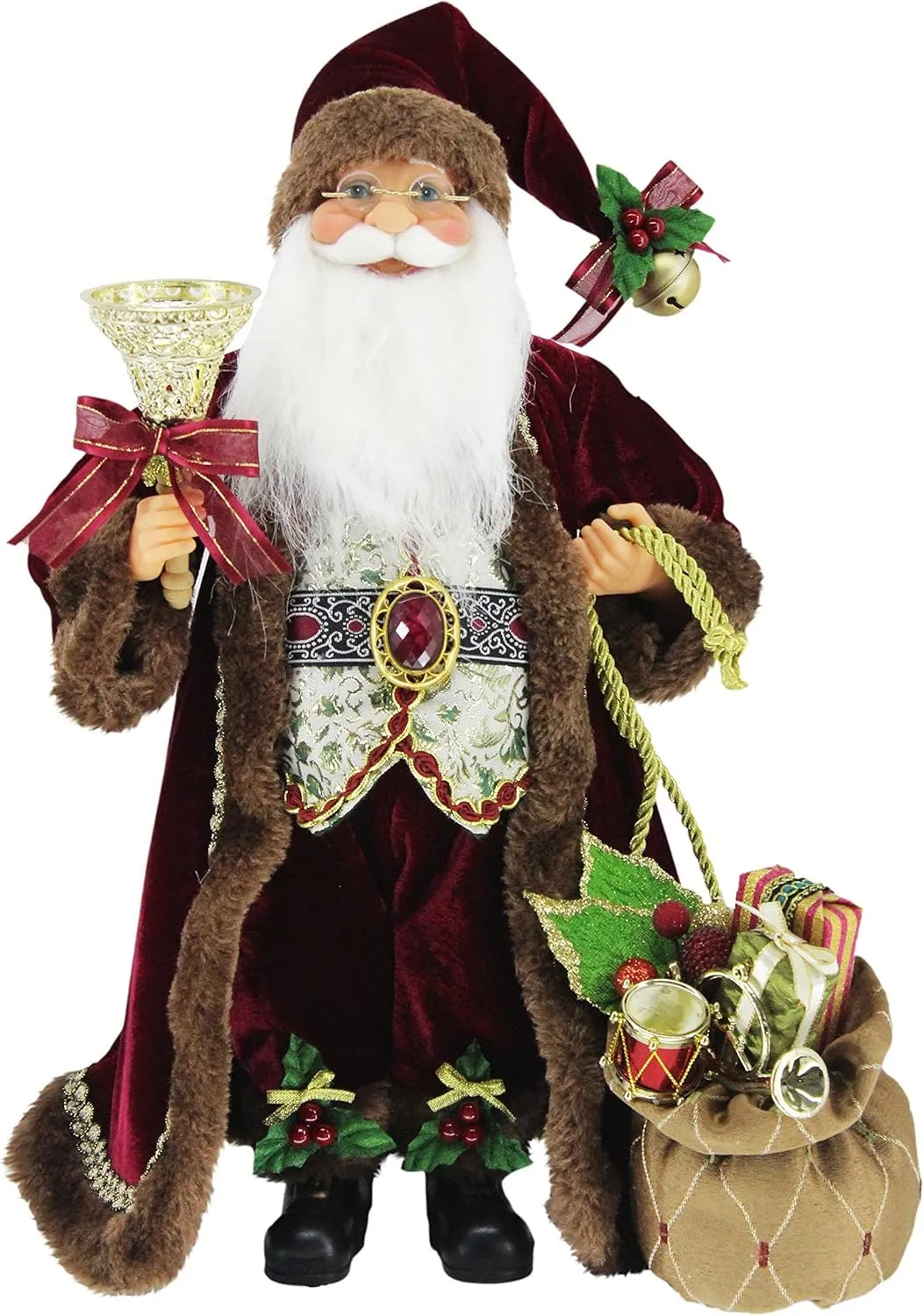 Windy Hill Collection 16" Inch Standing Burgundy Toy Bag and Bell Santa Claus Christmas Figurine Figure Decoration 167130