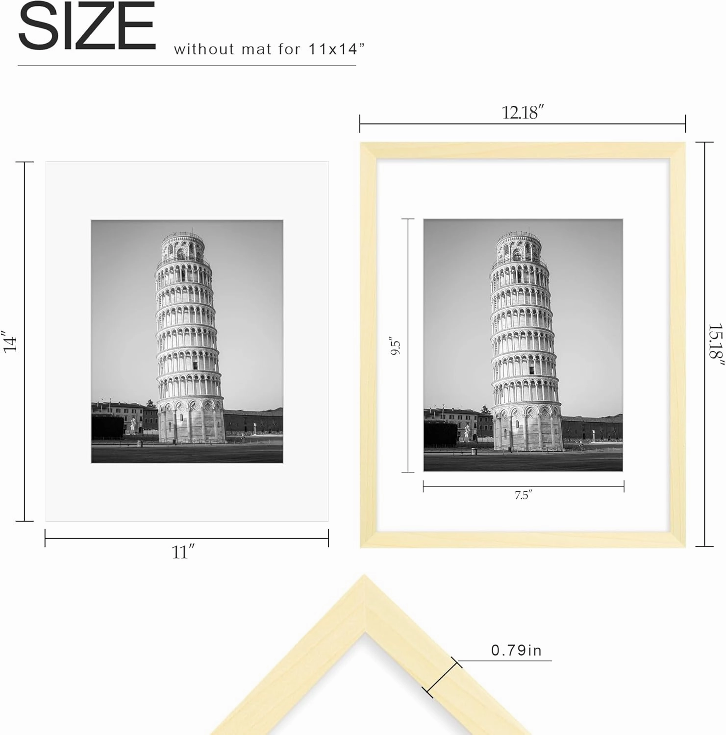 Wiscet 11x14 Picture Frame Set of 9, Display Pictures 8x10 with Mat or 11x14 Without Mat, Photo Frame for Wall Mounting or Tabletop Display, Natural.