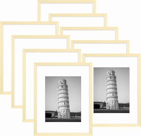 Wiscet 11x14 Picture Frame Set of 9, Display Pictures 8x10 with Mat or 11x14 Without Mat, Photo Frame for Wall Mounting or Tabletop Display, Natural.