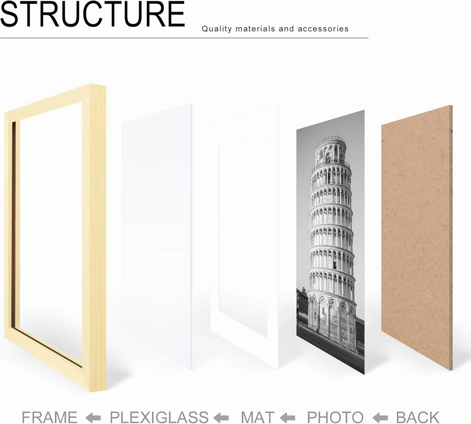 Wiscet 11x14 Picture Frame Set of 9, Display Pictures 8x10 with Mat or 11x14 Without Mat, Photo Frame for Wall Mounting or Tabletop Display, Natural.