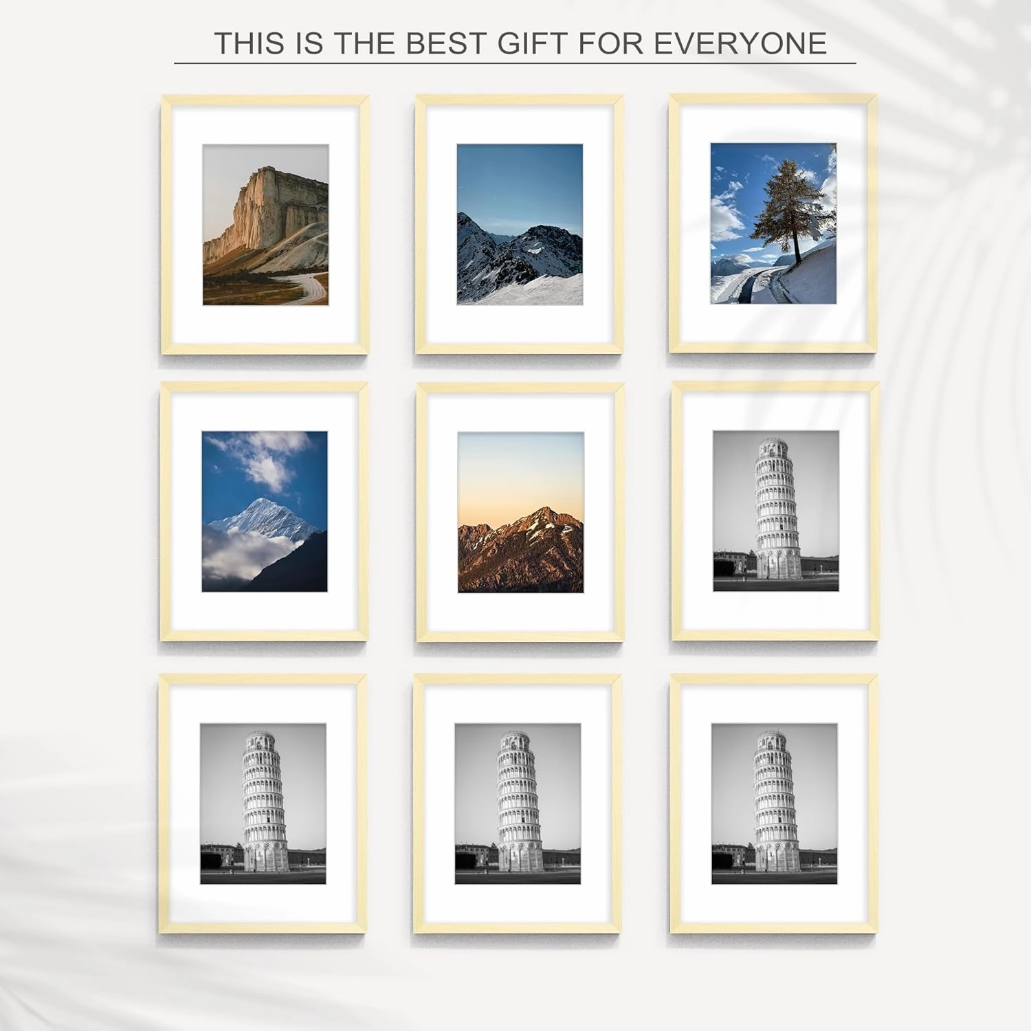 Wiscet 11x14 Picture Frame Set of 9, Display Pictures 8x10 with Mat or 11x14 Without Mat, Photo Frame for Wall Mounting or Tabletop Display, Natural.