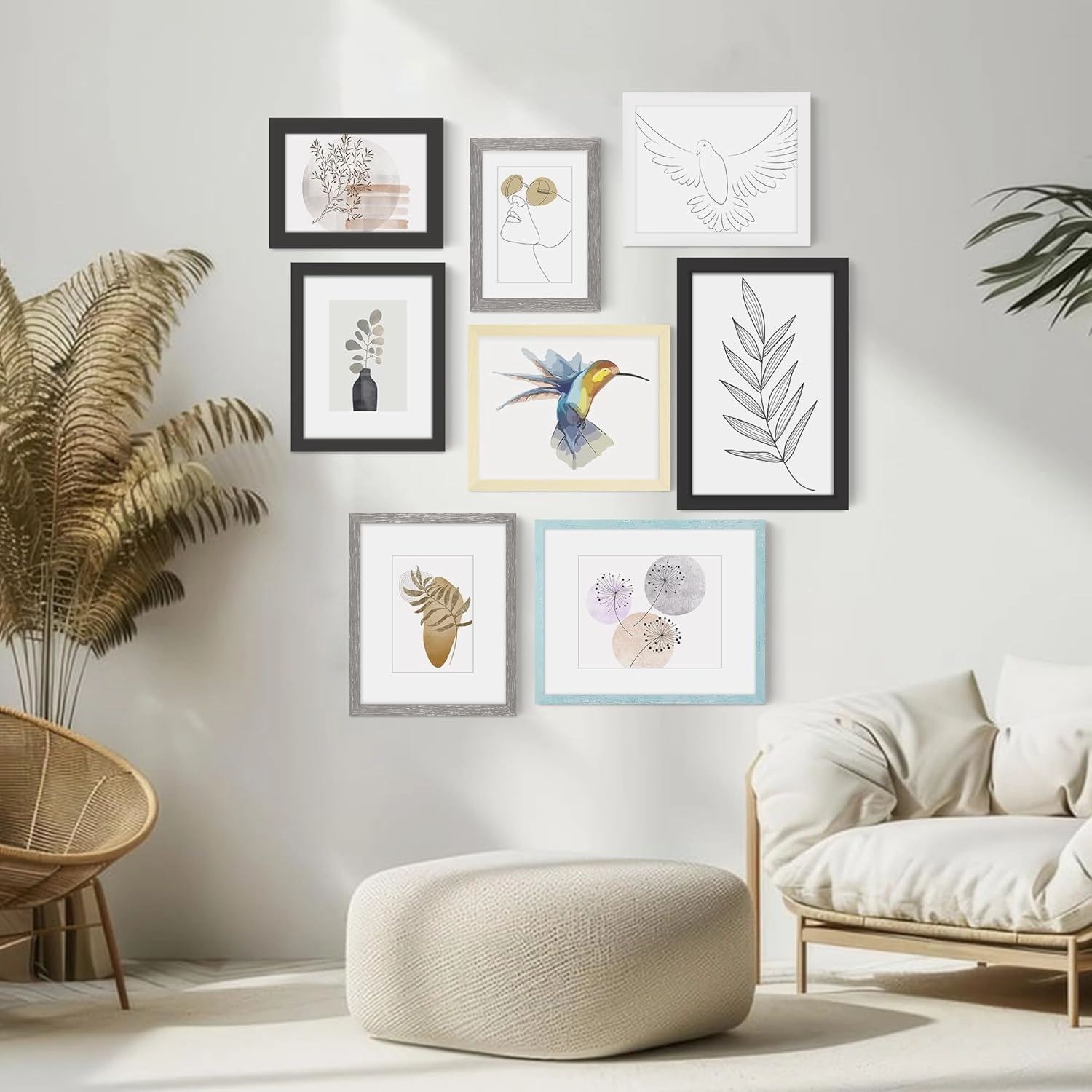 Wiscet 11x14 Picture Frame Set of 9, Display Pictures 8x10 with Mat or 11x14 Without Mat, Photo Frame for Wall Mounting or Tabletop Display, Natural.