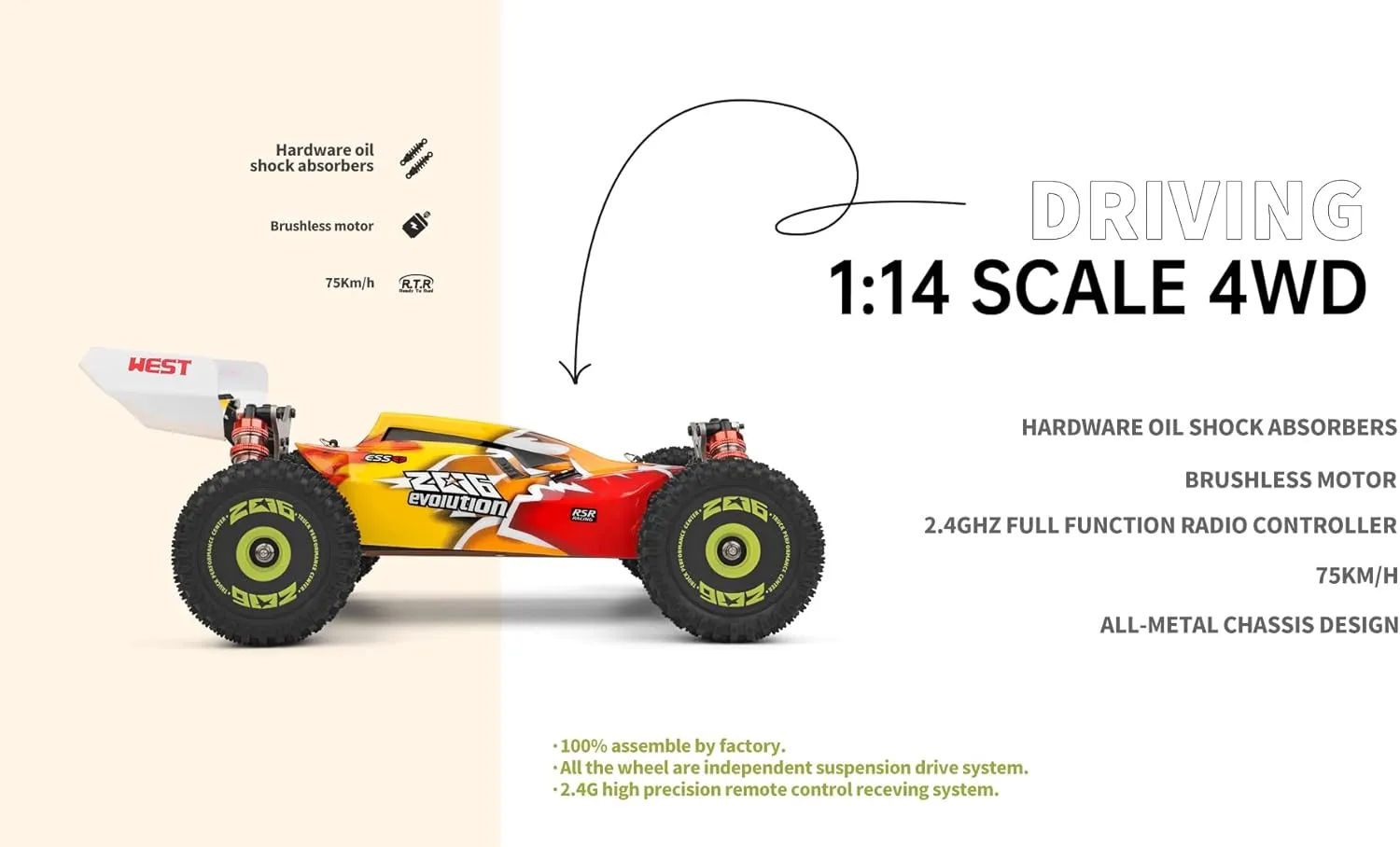 WLtoys High-Speed RC Car 144010 75KM/H 2.4G RC Car Brushless 4WD Electric High Speed Off-Road Remote Control Drift Toys for Children Racing (144010 1500 3000)
