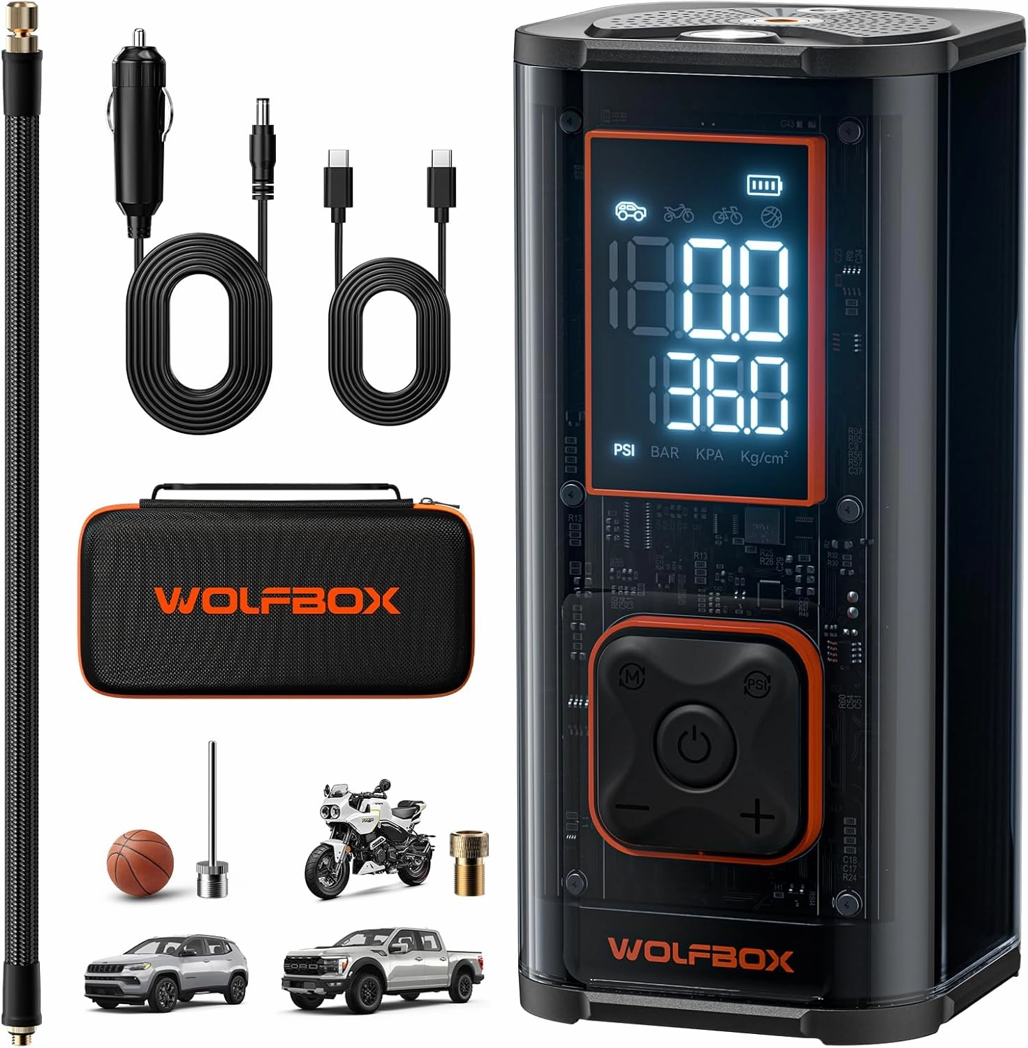 WOLFBOX 12000mAh&150PSI Heavy Duty Tire Inflator Portable Air Compressor,Double- cylinder 58LPM Fast Air Pump for Car Tires,3.5'' LED Display,20'' Hose,Air Compressor for Car,Pickup Truck,Bike