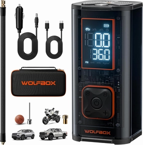 WOLFBOX 12000mAh&150PSI Heavy Duty Tire Inflator Portable Air Compressor,Double- cylinder 58LPM Fast Air Pump for Car Tires,3.5'' LED Display,20'' Hose,Air Compressor for Car,Pickup Truck,Bike