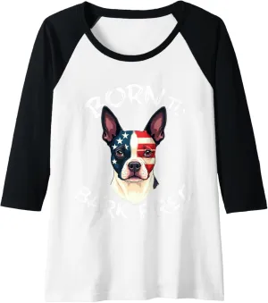 Womens Funny Bostie Dog Vintage Boston Terrier American Flag Raglan Baseball Tee