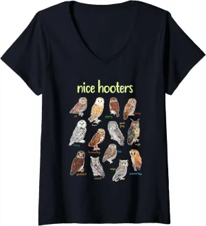 Womens Nice Hooters Owl Bird Pun Funny Adult Joke Birdwatcher V-Neck T-Shirt