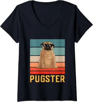 Womens Pugster Funny Pug Lover Pugster V-Neck T-Shirt