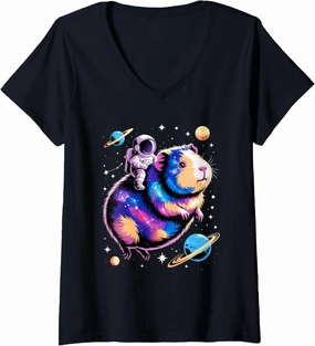Womens Astronaut Rides Guinea Pig Space Stars Comets Galaxy Planets V-Neck T-Shirt