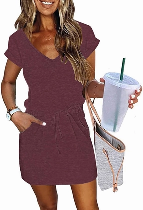 Womens Summer Dress Lantern Sleeve Square Neck Tie Front A-Line Double Layer Hem Mini Dresses