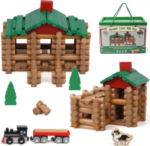 Wondertoys 208 Pcs Wooden Log Set - Classic Building Logs Ages 3  - Best Retro Building Gift Set for Boys - Creative Construction Engineering Educational Gifts