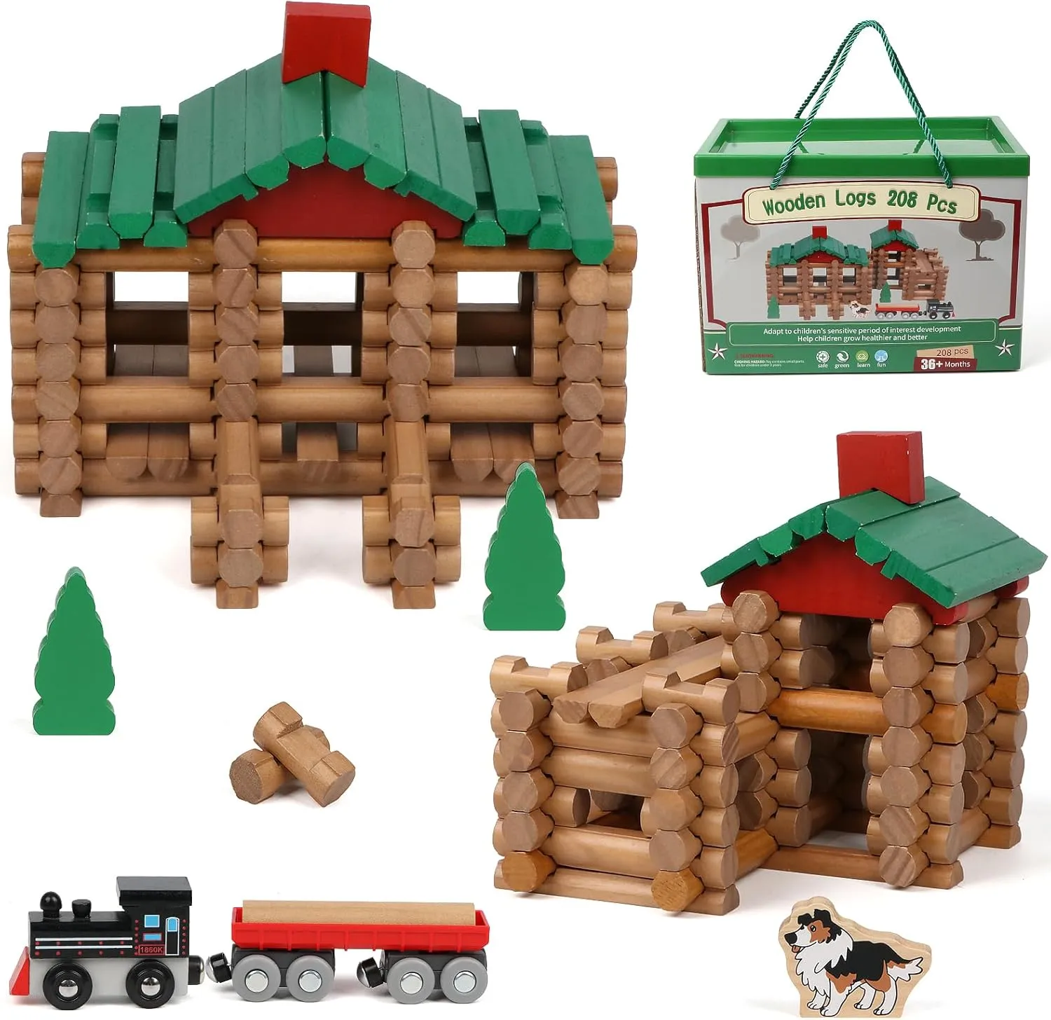 Wondertoys 208 Pcs Wooden Log Set - Classic Building Logs Ages 3  - Best Retro Building Gift Set for Boys - Creative Construction Engineering Educational Gifts