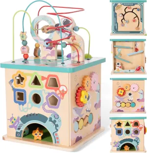 Wooden Activity Cube, 5 in 1 Educational Activity Learning Center Toy for Kids with Bead Maze, Shape Sorter, Activity Center Toys for Toddlers 18 Month , Birthday Gifts for Boys and Girls