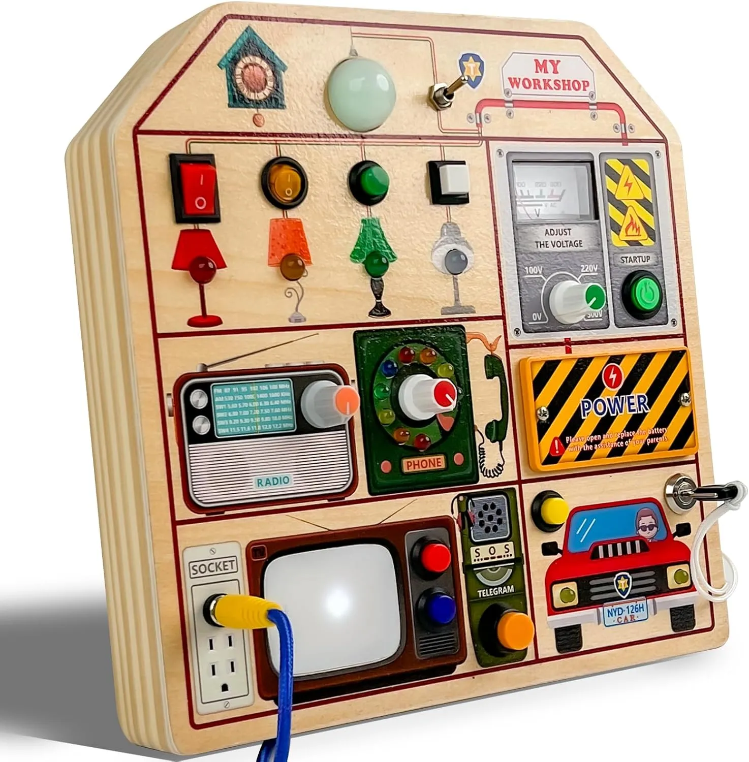 Wooden Busy Board for Toddlers Years Old, Montessori Sensory Toys with Light Switches, Telephone, TV Radio, Telegraph, Educational Learning Toys Gift for Kids Boys Girls