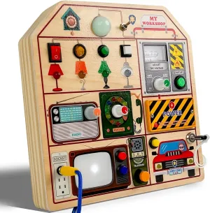 Wooden Busy Board for Toddlers Years Old, Montessori Sensory Toys with Light Switches, Telephone, TV Radio, Telegraph, Educational Learning Toys Gift for Kids Boys Girls
