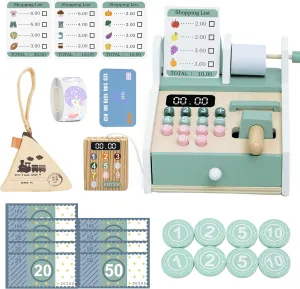 Wooden Cash Register for Kids-Pretend Play Money Counting Toy with Scanner&Credit Card,Toddler Cashier Educational Grocery Store Toy with Stickers&Coin Purse,Role Play Gift for Boys Girls