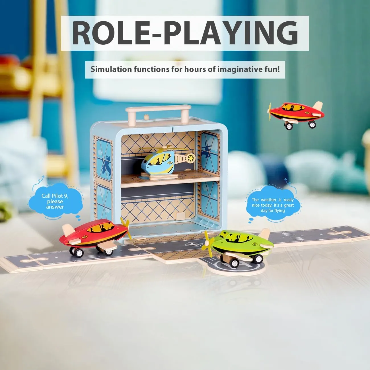 Wooden Construction Set Toys Airfield Road Toys with Airplane Blocks Storage Toys for Kids Age 3 