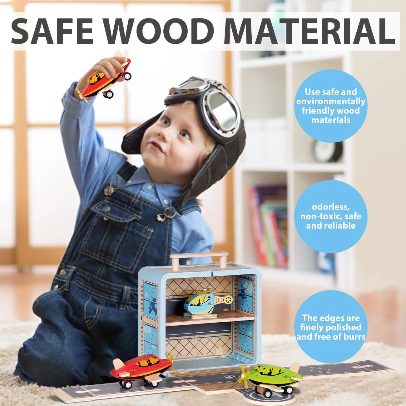Wooden Construction Set Toys Airfield Road Toys with Airplane Blocks Storage Toys for Kids Age 3 
