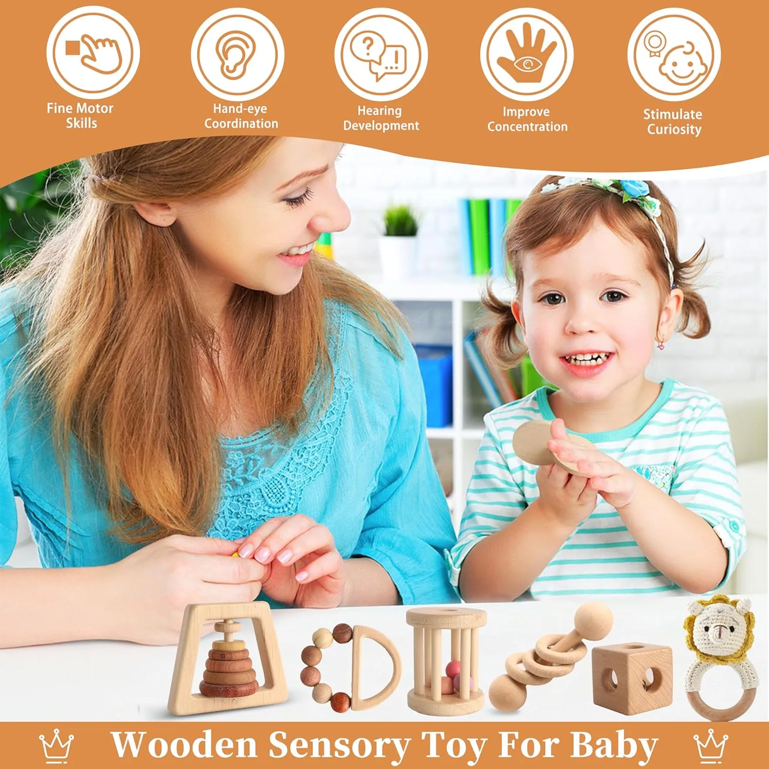 Wooden Montessori Toys 7PCS Wooden Baby Toy for Babies 12-36 Months, Natural Wood Rattle Toy Set with Crochet Lion Rattle, Gift for Infant Boys Girls