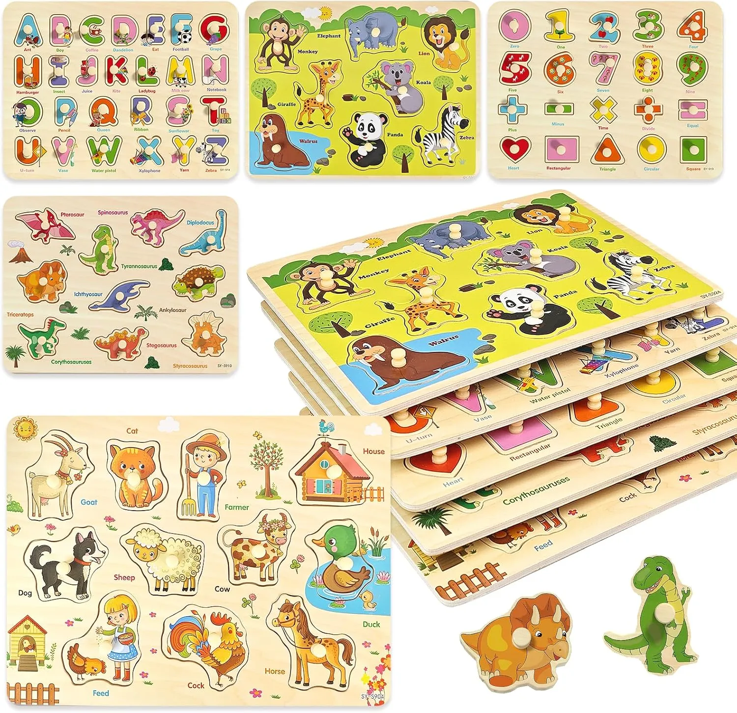 Wooden Peg Puzzle for Toddlers 2-4, 5 Pack Montessori Toys Learning Educational Puzzles for Kids Girls Boys 2 3 4 Yesrs Old with Dinosaurs Farm Animal Number