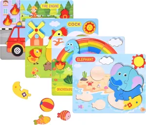 Wooden Puzzles for Toddlers 1-3, Kids' Educational Preschool Puzzle Toy, Set of 4 Toddler Puzzles - Dinosaur,Traffic,Animals, Ideal Gift for Ages 1 2 3 4 Boys and Girls, 8.7X 7.0 inch