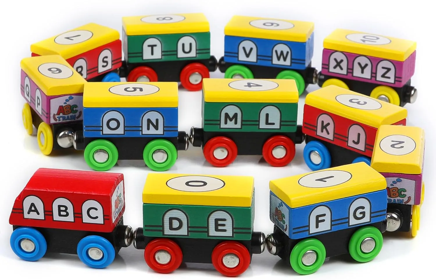 Wooden Train Set ABC Magnetic Trains for Toddlers 12 Pieces, Compatible with All Train Track Accessory Sets, Alphabet and Numbers Toy Trains for Boys and Girls