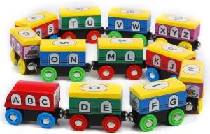 Wooden Train Set ABC Magnetic Trains for Toddlers 12 Pieces, Compatible with All Train Track Accessory Sets, Alphabet and Numbers Toy Trains for Boys and Girls