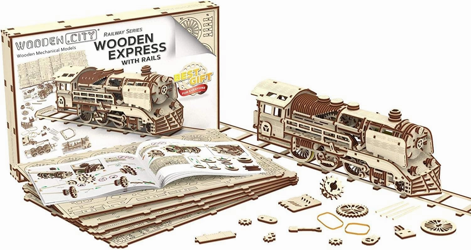 WOODEN.CITY Train 3D Wooden Puzzles for Adults – Model Kits - Made in EU - 13,78 x 4,33 x 4,8 in