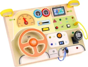 XAOHAO Montessori Busy Board for Toddlers - Car Steering Wheel Busy Board, Wooden Baby Sensory Montessori Toys, Travel Toy Fidget Board, Learning Activity Board for Fine Motor Skills