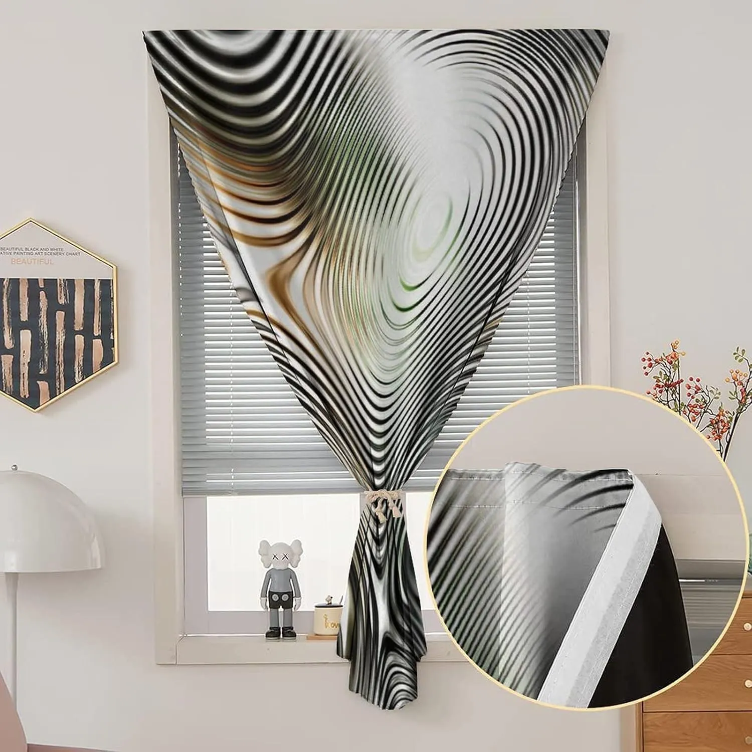 XISUNYA Self Adhesive Portable Blackout Curtains, Abstract Short Door Window CurtainsGeometrical Modern Zebra Like Pattern Circled Print Thermal Lnsulated Room Darkening Small Drapes,35W x54L Inch