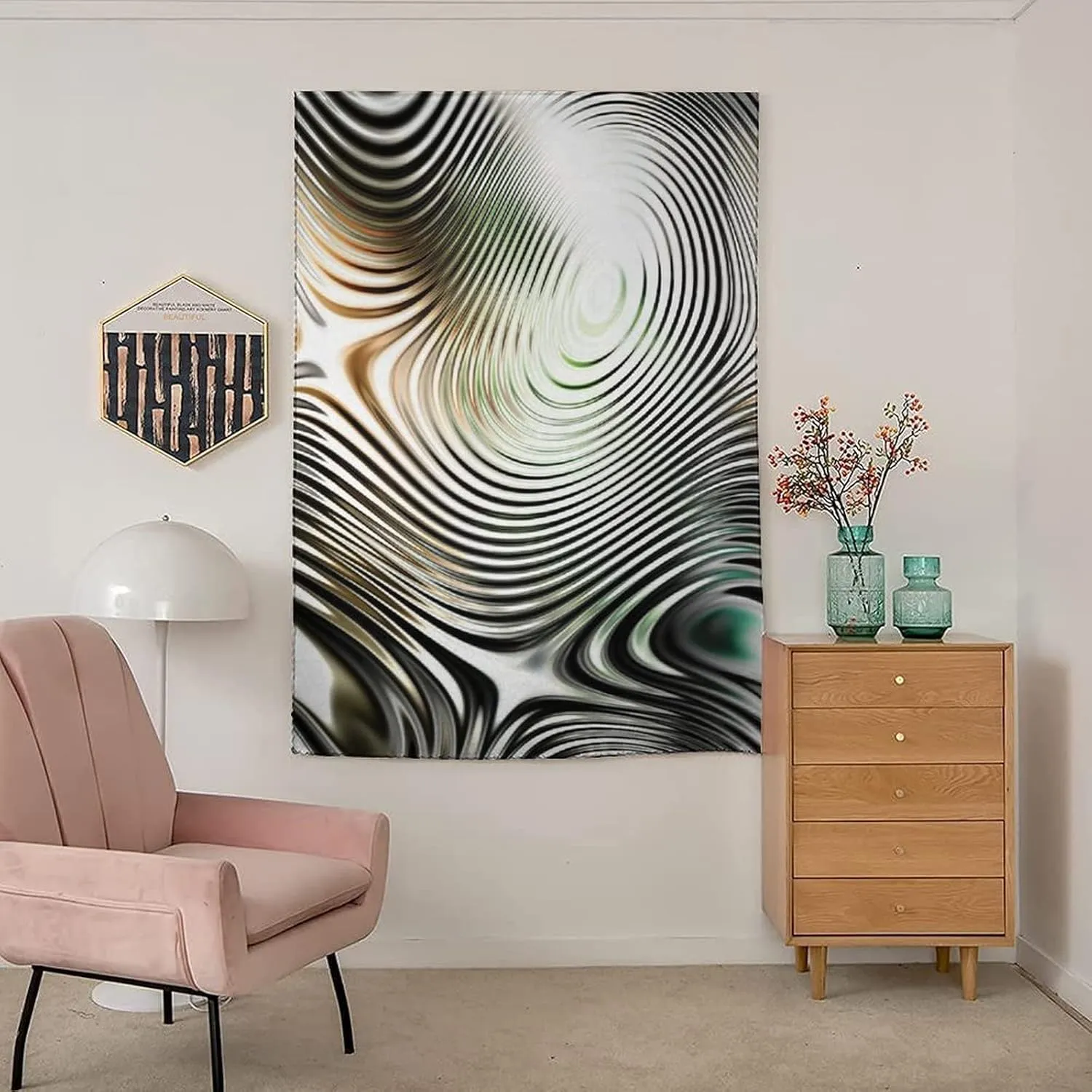 XISUNYA Self Adhesive Portable Blackout Curtains, Abstract Short Door Window CurtainsGeometrical Modern Zebra Like Pattern Circled Print Thermal Lnsulated Room Darkening Small Drapes,35W x54L Inch