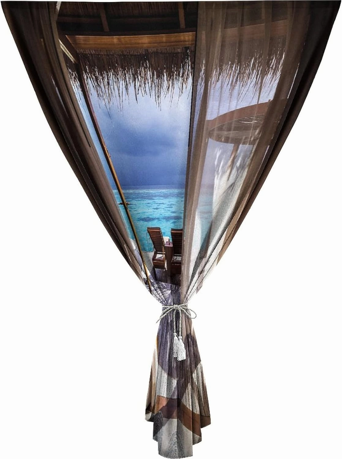 XISUNYA Autohesion Curtains, Coastal Window Curtain Panel, Romantic Wooden Bungalow Deckchairs Maldives Beach Print Thermal Lnsulated Room Darkening Small Drapes,24W x40L Inches, for Kitchen Bathroom
