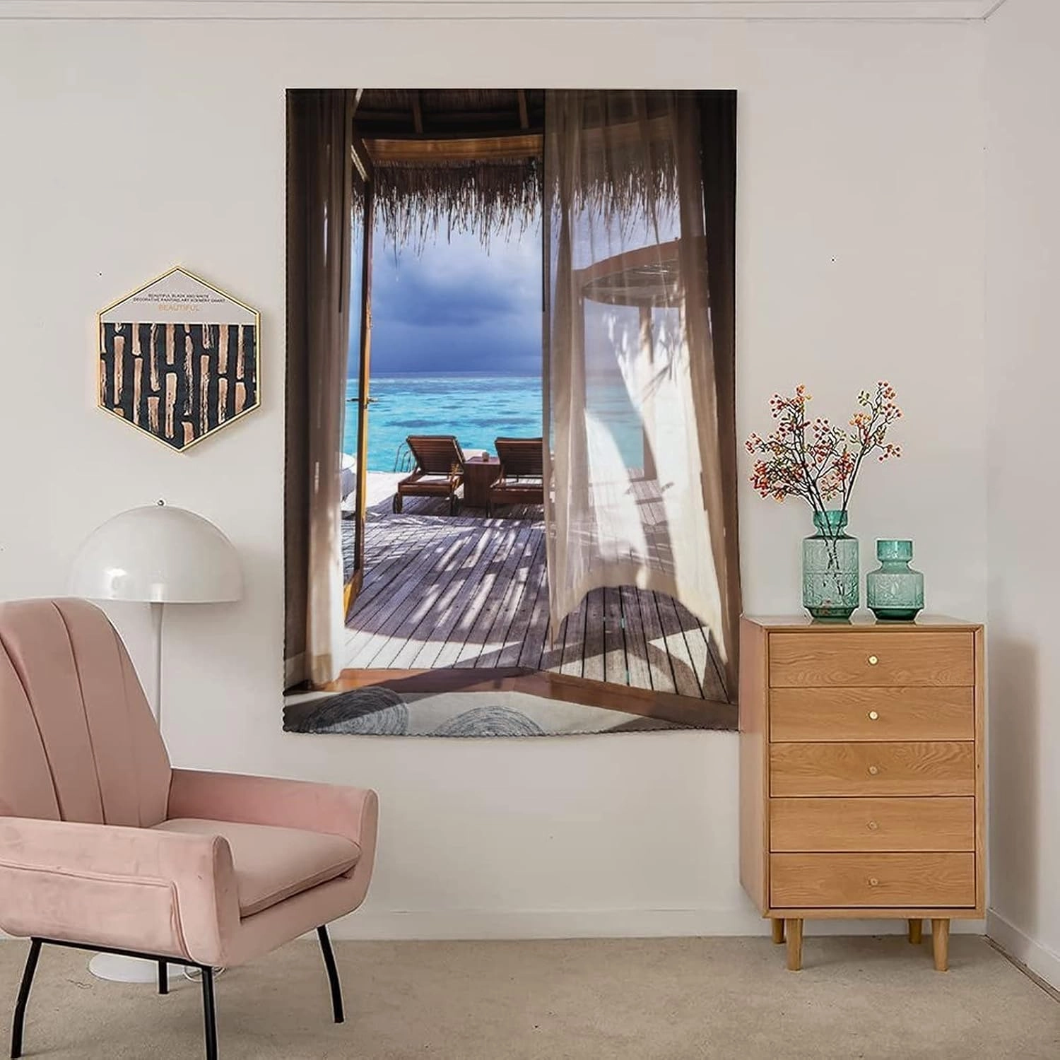XISUNYA Autohesion Curtains, Coastal Window Curtain Panel, Romantic Wooden Bungalow Deckchairs Maldives Beach Print Thermal Lnsulated Room Darkening Small Drapes,24W x40L Inches, for Kitchen Bathroom