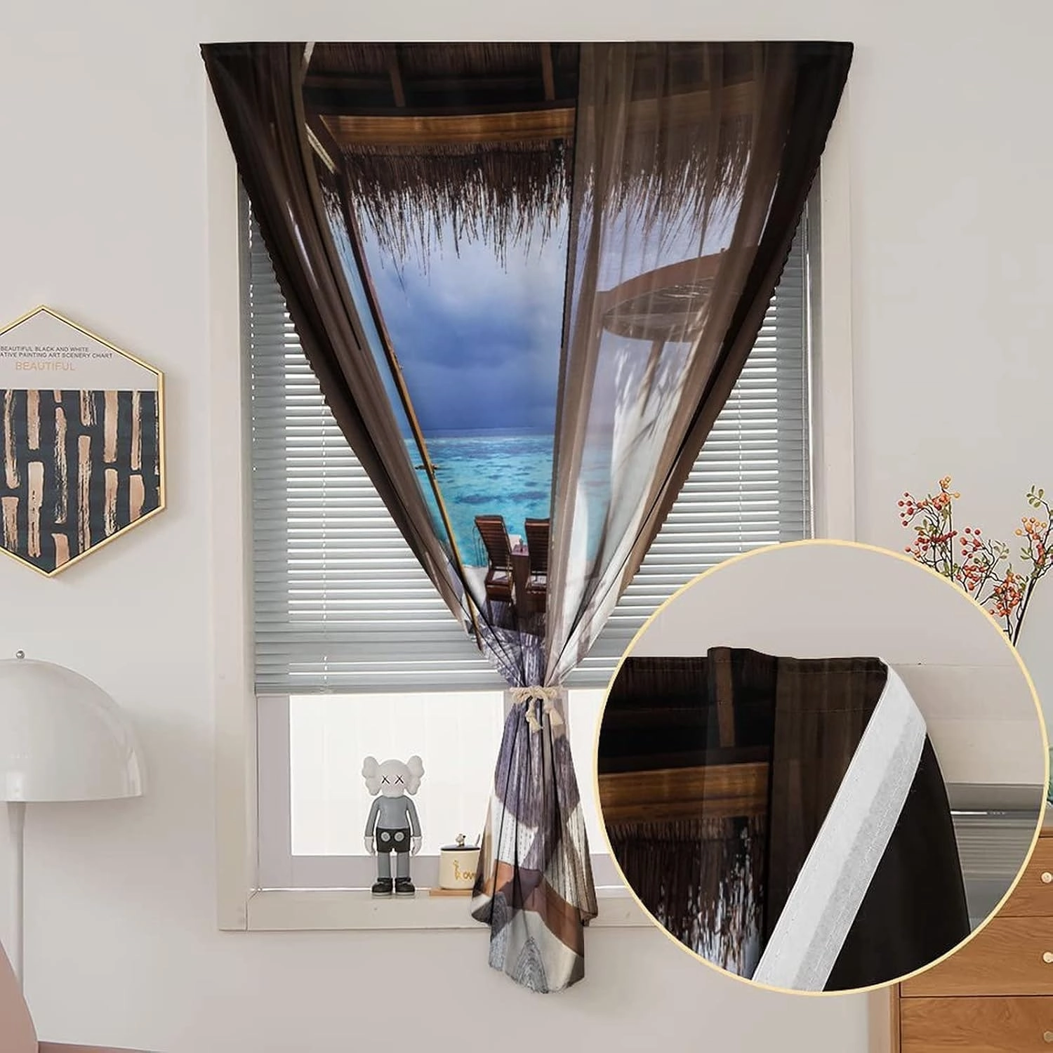 XISUNYA Autohesion Curtains, Coastal Window Curtain Panel, Romantic Wooden Bungalow Deckchairs Maldives Beach Print Thermal Lnsulated Room Darkening Small Drapes,24W x40L Inches, for Kitchen Bathroom