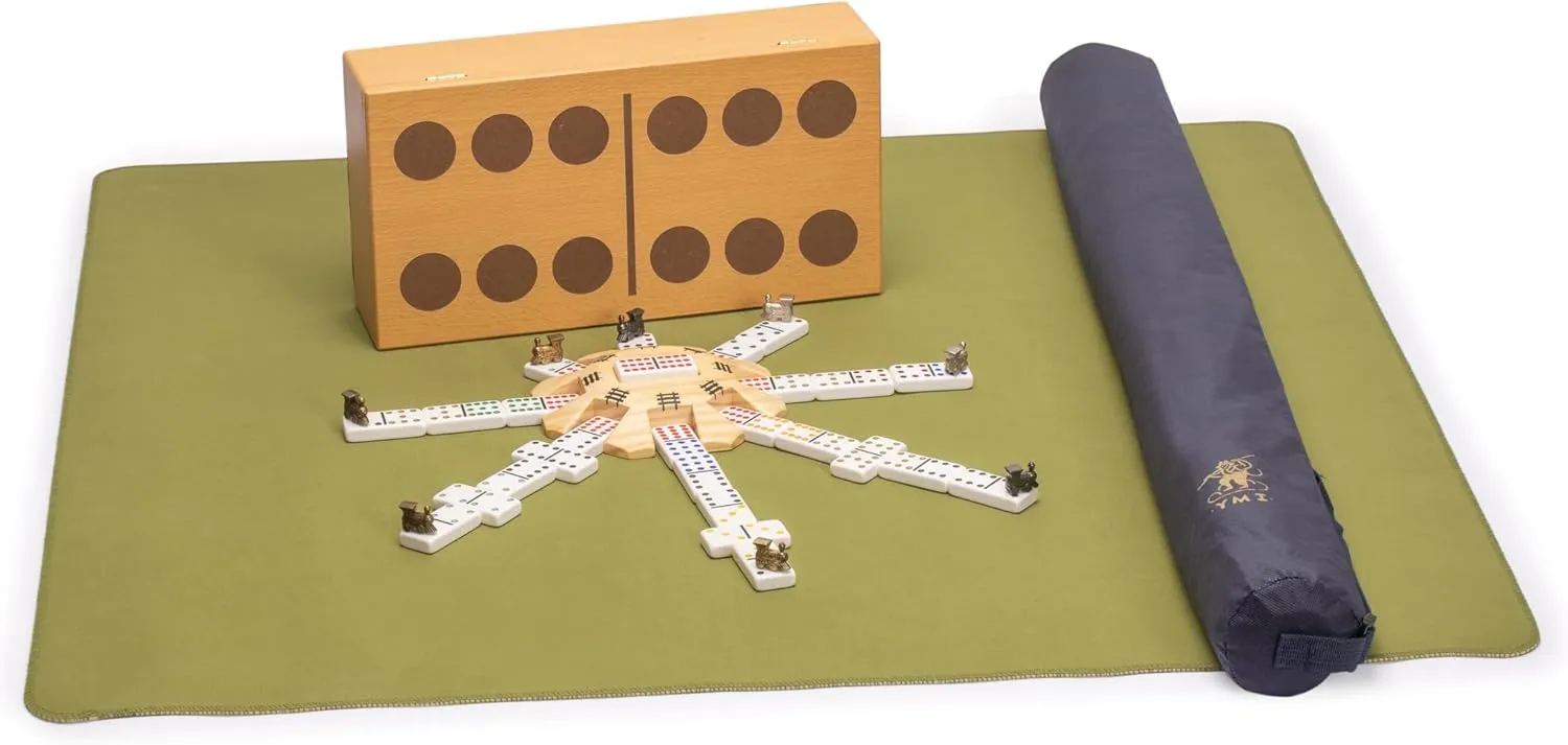 Yellow Mountain Imports Mexican Train Bundle - Complete Set with Double 12 Dominoes (Pips/Dots), Wooden Hub and Green Table Cover (33.5-inch)