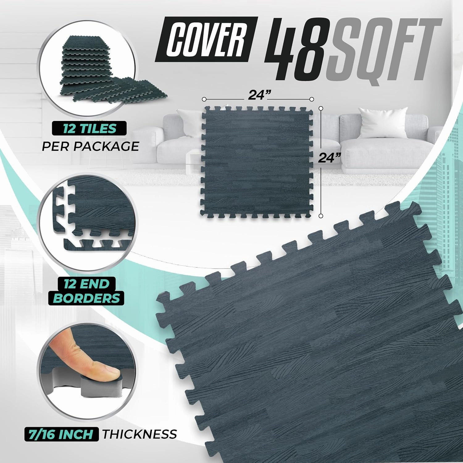 Yes4All 48SQ.FT Wood Grain Puzzle Exercise Mat Protective Flooring, EVA Interlocking Foam Floor Tiles with Border for Home
