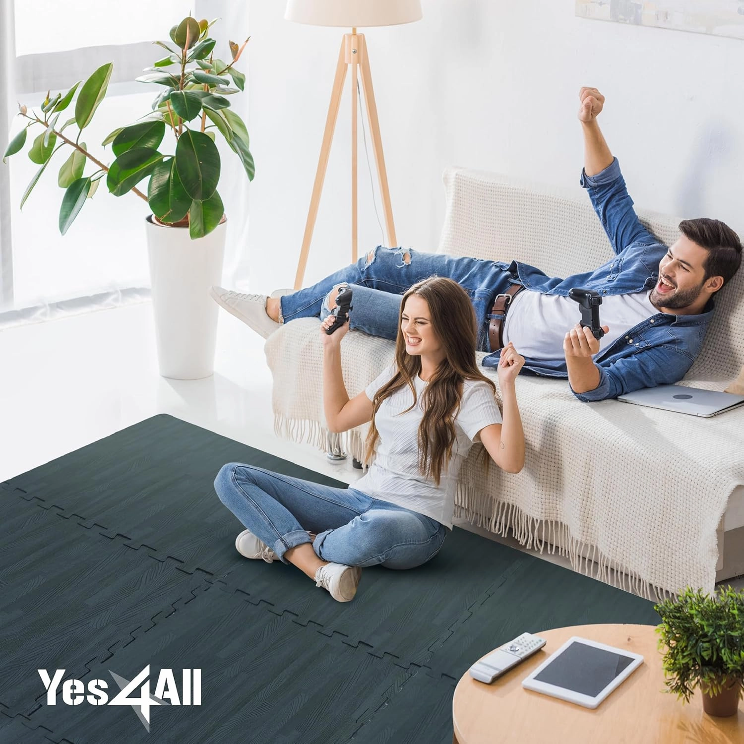 Yes4All 48SQ.FT Wood Grain Puzzle Exercise Mat Protective Flooring, EVA Interlocking Foam Floor Tiles with Border for Home