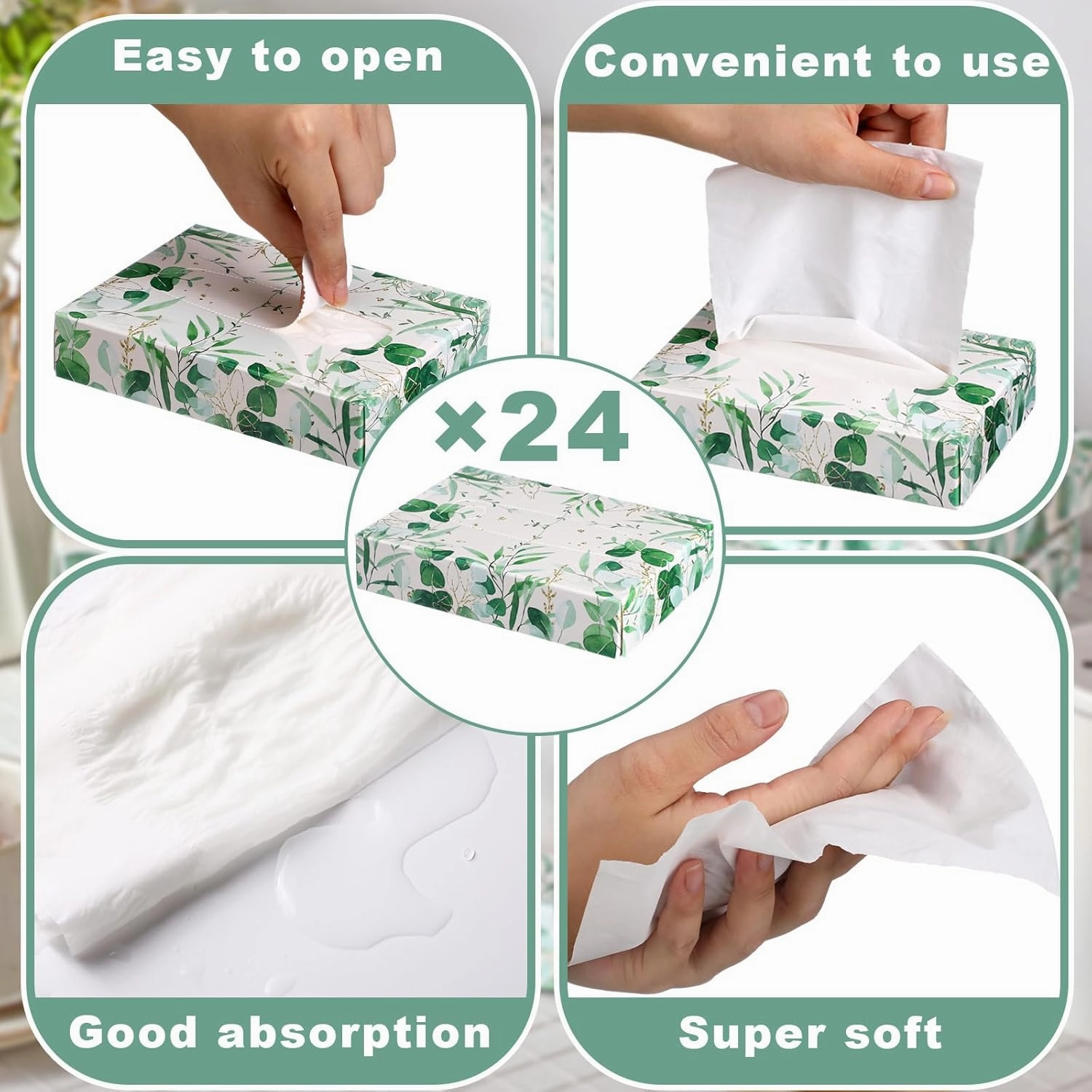 Yinder 24 Packs 960 Sheets Tissue Cube Car Facial Boxes Disposable Facial Travel Tissues Holder Soft Watercolor Boxes 2 Ply 40 Sheets for Car Household Kitchen School Bathroom(Leaf)