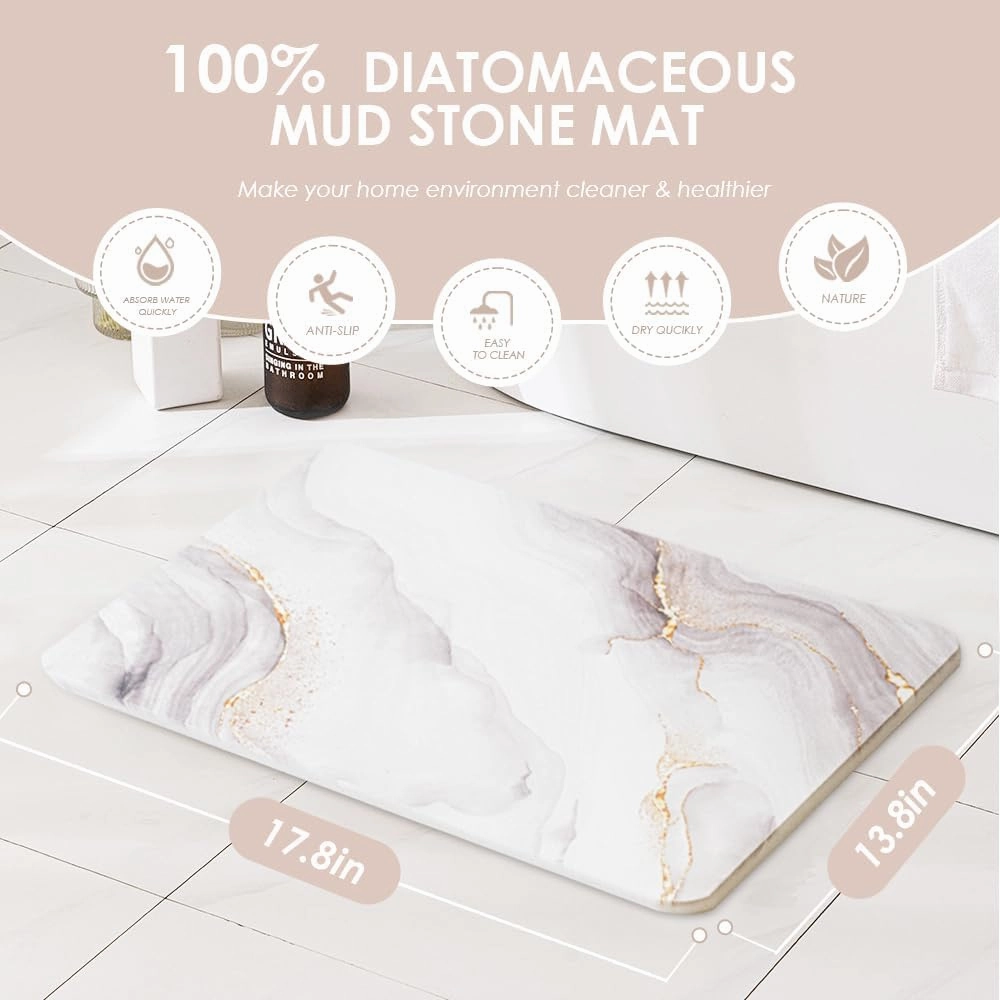 Yoebor Diatomite Stone Bath Mat for Bathroom -Diatomaceous Earth Bathmat Non Slip Quick Drying Mats for Kitchen Counter & Tub, Grey Marble 17.8" x 13.8"