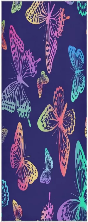 Yoga Towel Butterflies Dark Blue Hot Yoga Mat Towel with Grip Dots Sweat Absorbent Non-Slip for Hot Yoga, 24" x72",Soft Yoga Blankets with Travel Bag,Pilates and Workout
