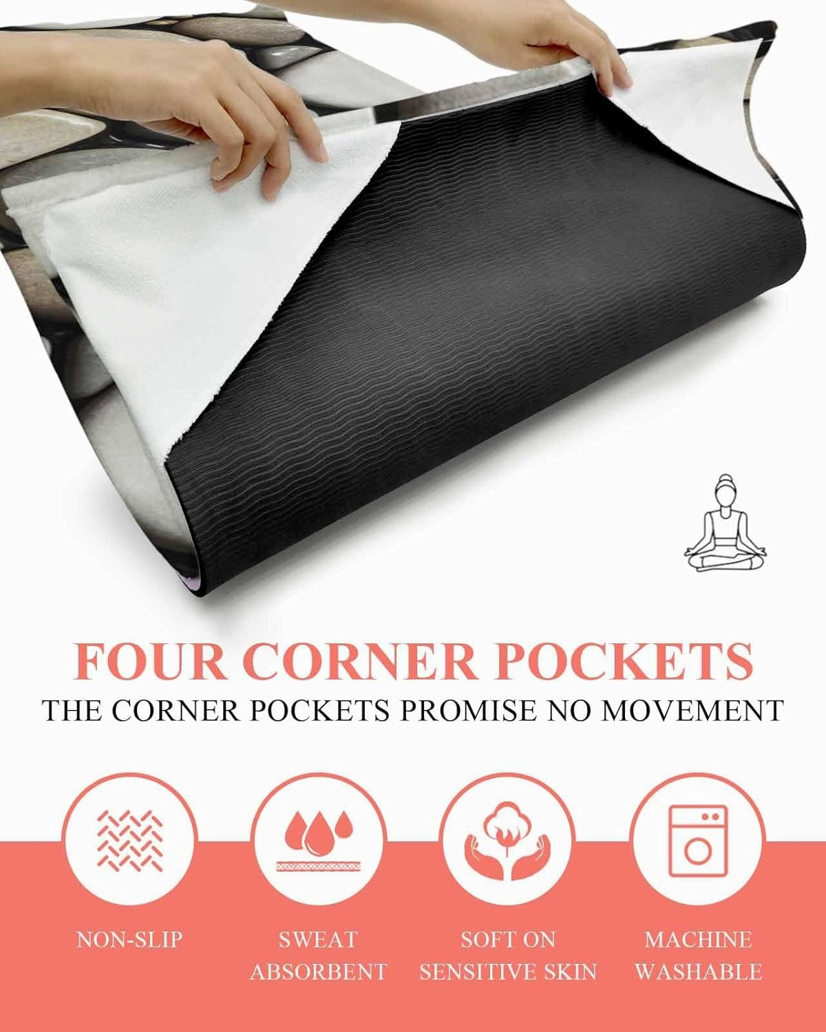 Yoga Towel with Corner Pockets Natural Riverbed Village Pebbles Black and White Sweat Absorbent Lightweight Soft Yoga Blanket 26"x74" Hot Yoga Towels for Gym Fitness Workout