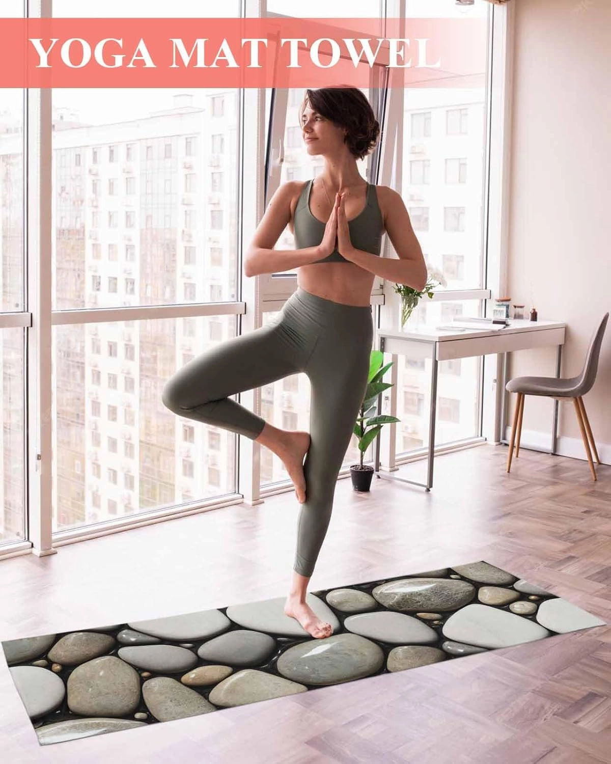 Yoga Towel with Corner Pockets Natural Riverbed Village Pebbles Black and White Sweat Absorbent Lightweight Soft Yoga Blanket 26"x74" Hot Yoga Towels for Gym Fitness Workout